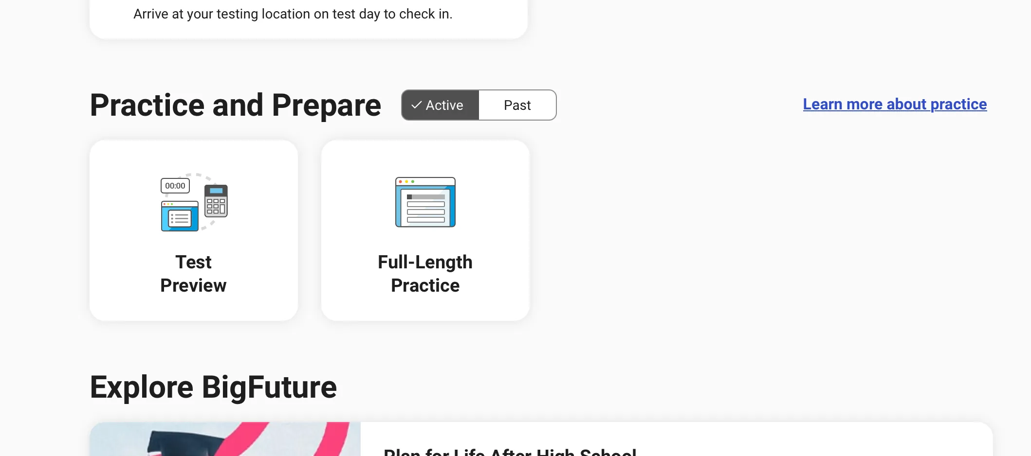 Bluebook app home screen showing the practice test menu